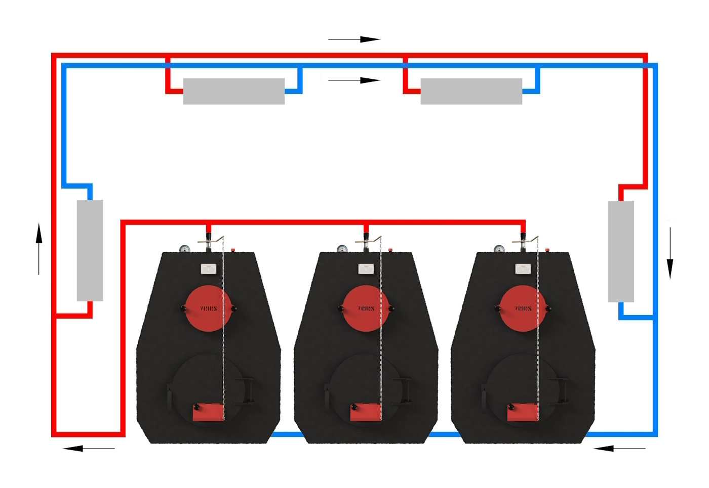 Схема отопления с попутным движением теплоносителя